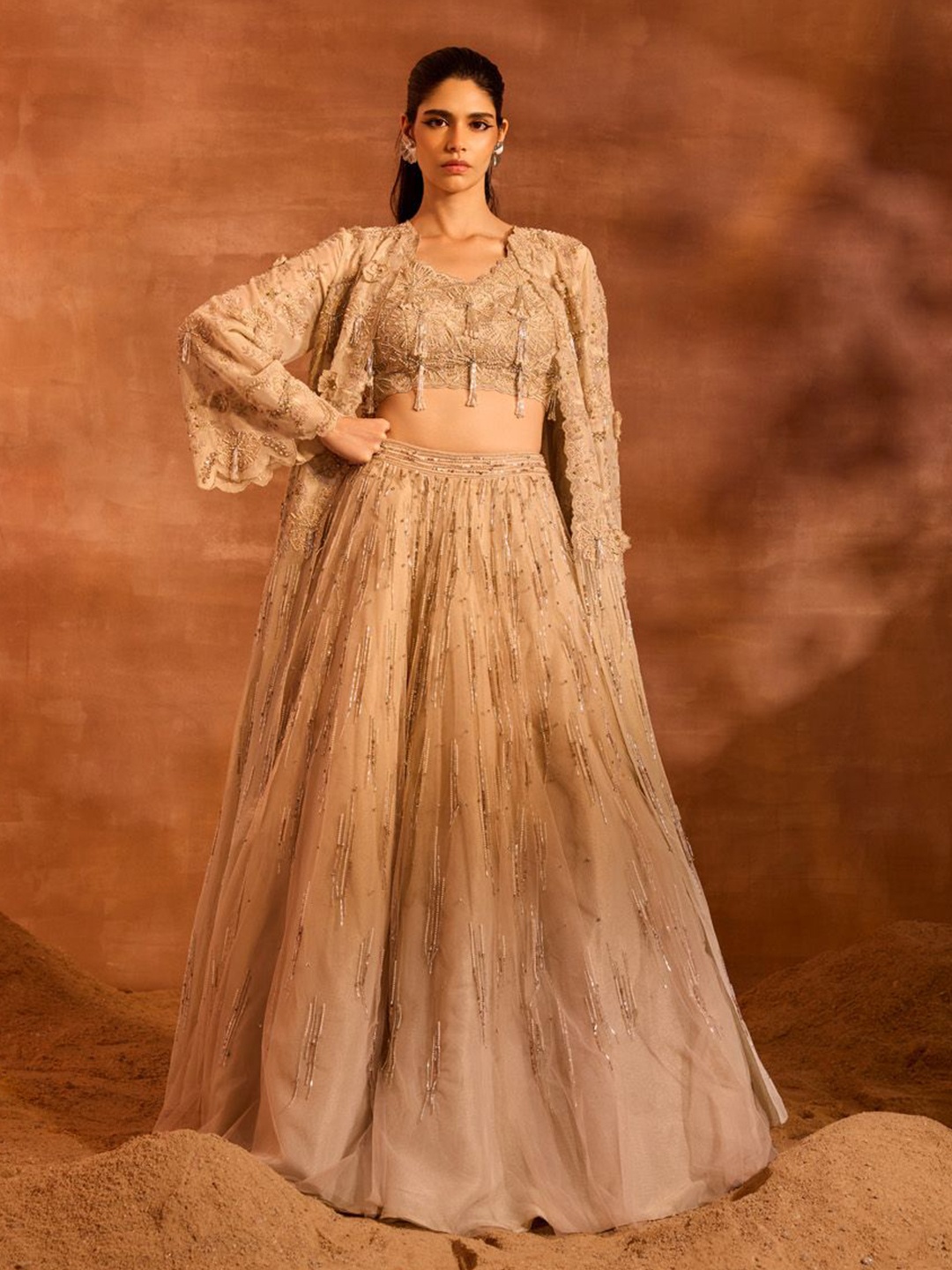 

DIVYA AGGARWAL Embellished Beads & Stones Ready to Wear Lehenga With Blouse And Long Cape, Beige