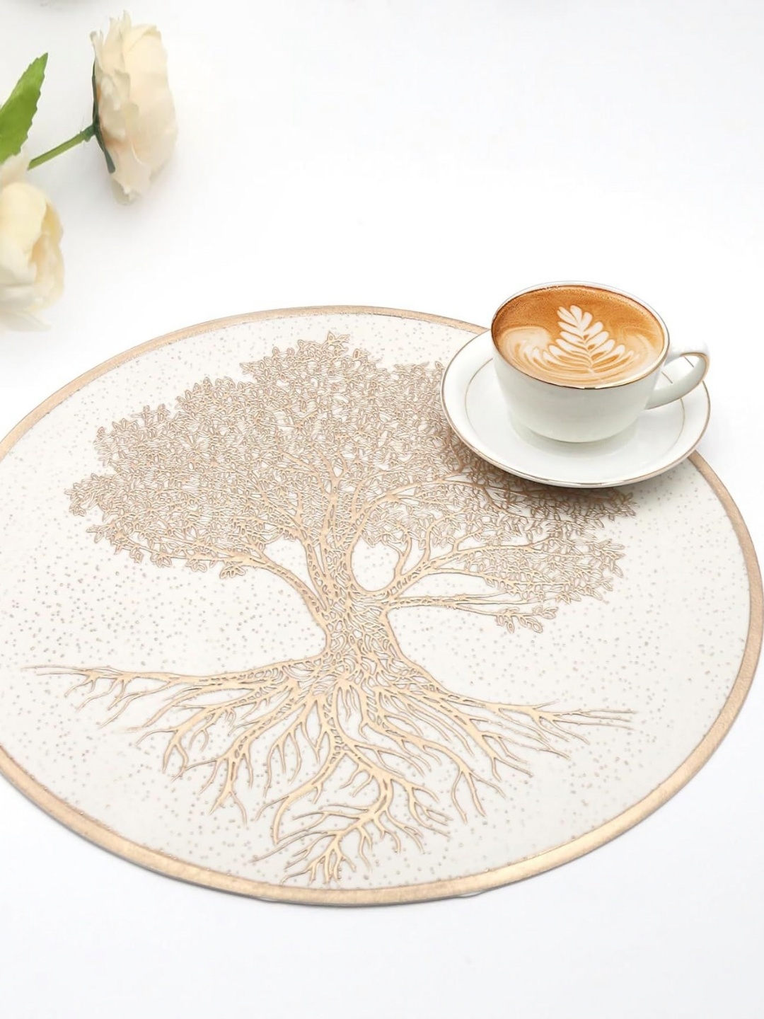 

Dakshya Industries Gold Toned & White 4 Pieces Floral Textured Round Table Placemats