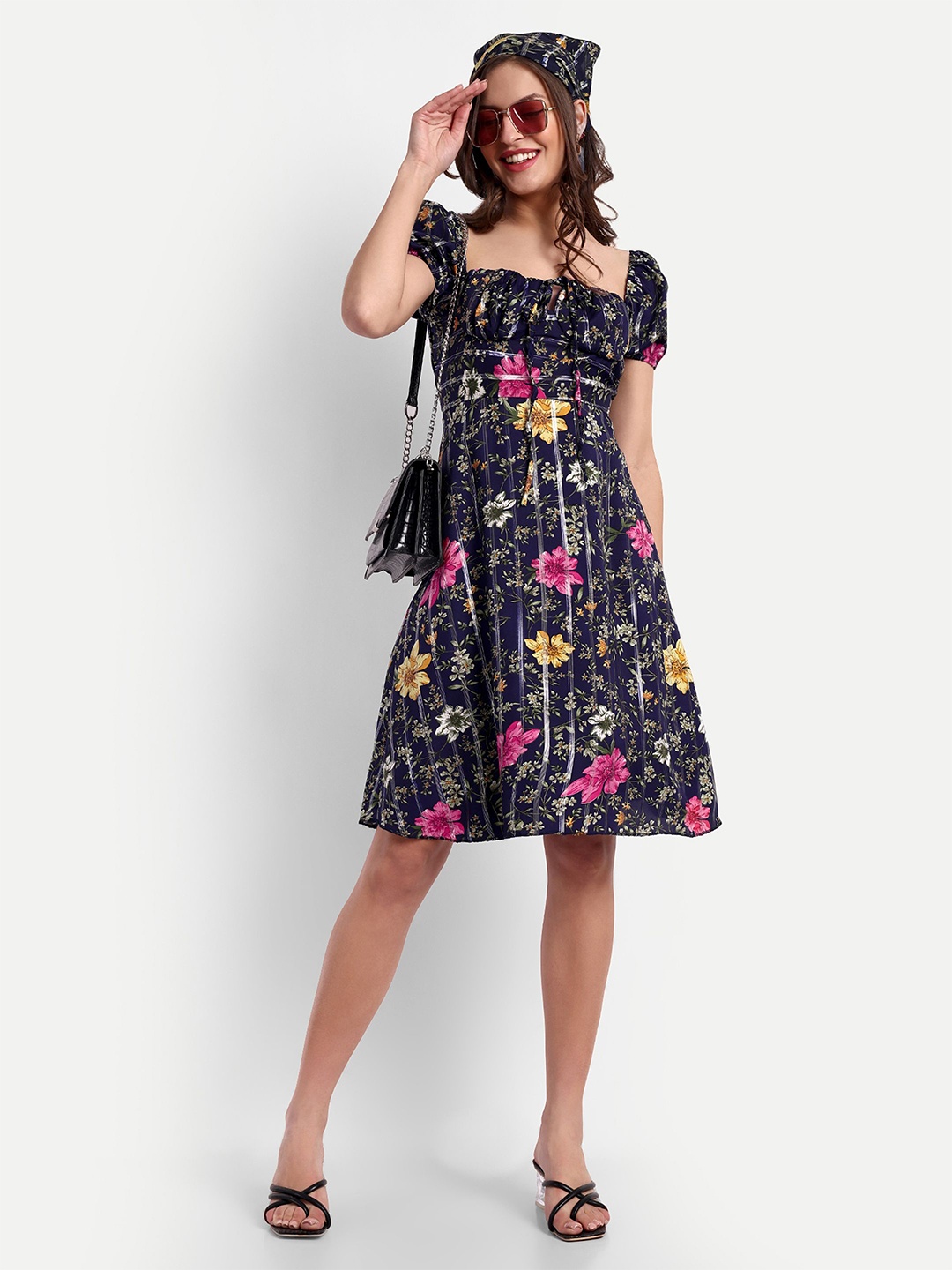 

ESSQUE Floral Print Puff Sleeve Crepe Fit & Flare Dress, Navy blue