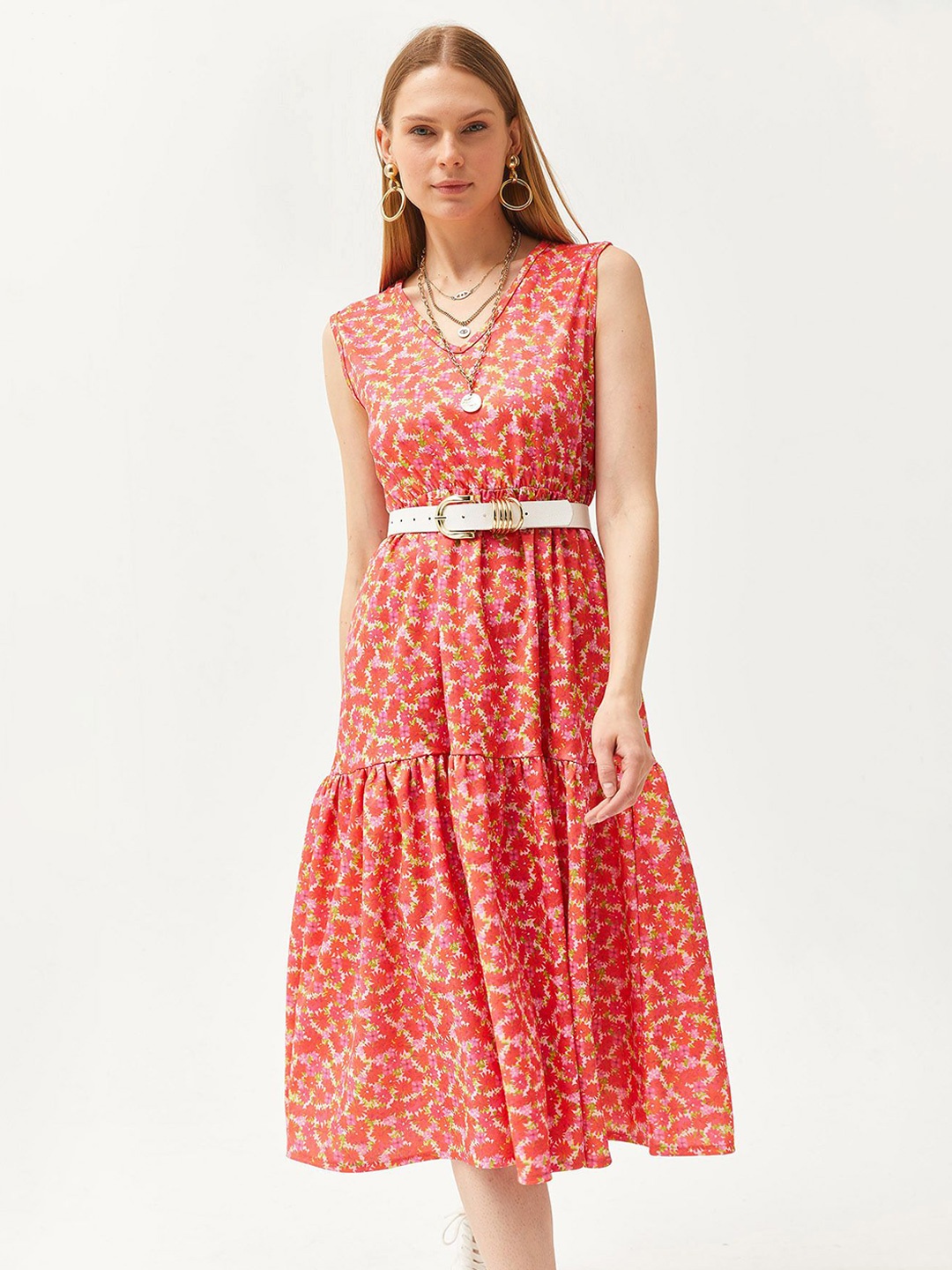 

Olalook Floral Printed Sleeveless Belted Fit & Flare Dress, Orange