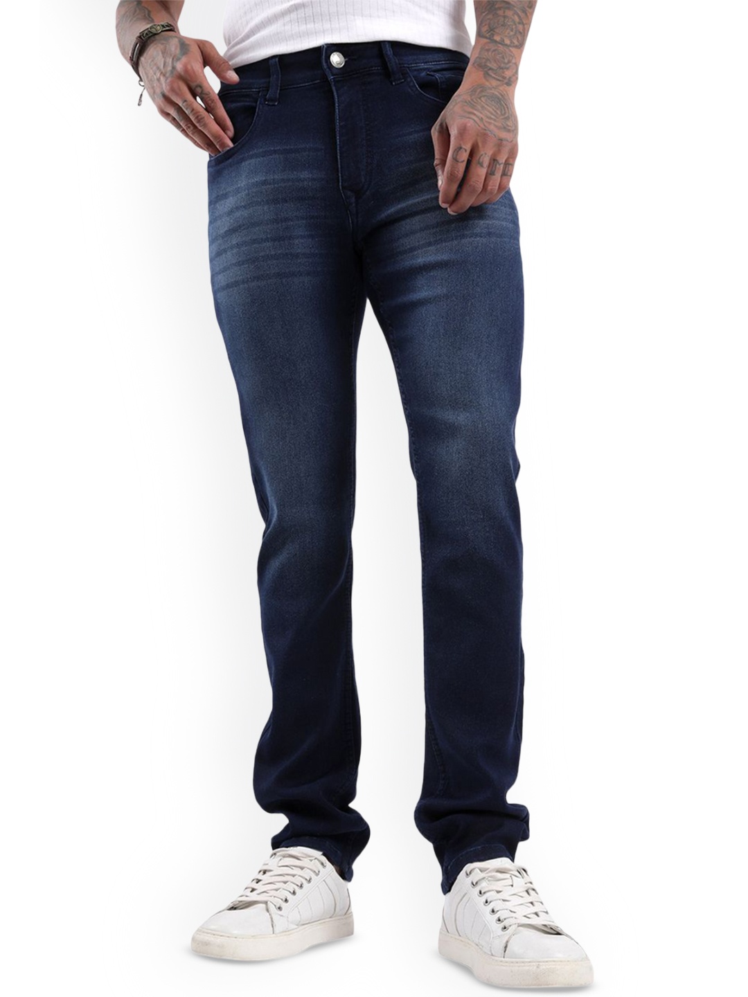 

WROGN Men Slim Fit Low Distress Light Fade Jeans, Blue