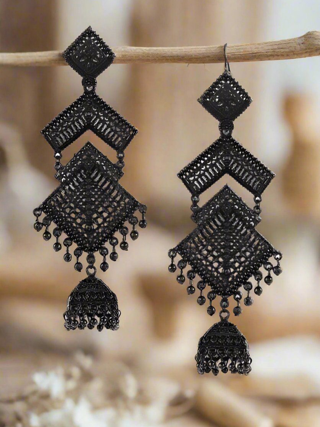 

Jazz and Sizzle Geometric Artificial Beads Studded Jhumkas, Black
