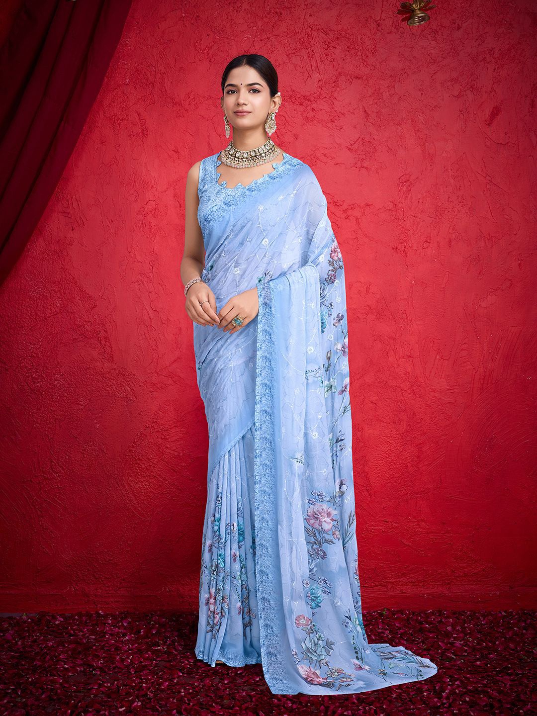 

all about you Floral Poly Chiffon Banarasi Saree, Blue