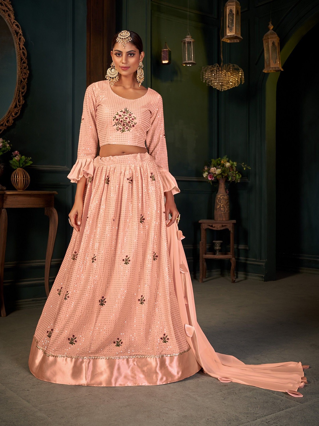

VARNI FABRICS Embroidered Sequinned Semi-Stitched Lehenga & Unstitched Blouse With Dupatta, Orange