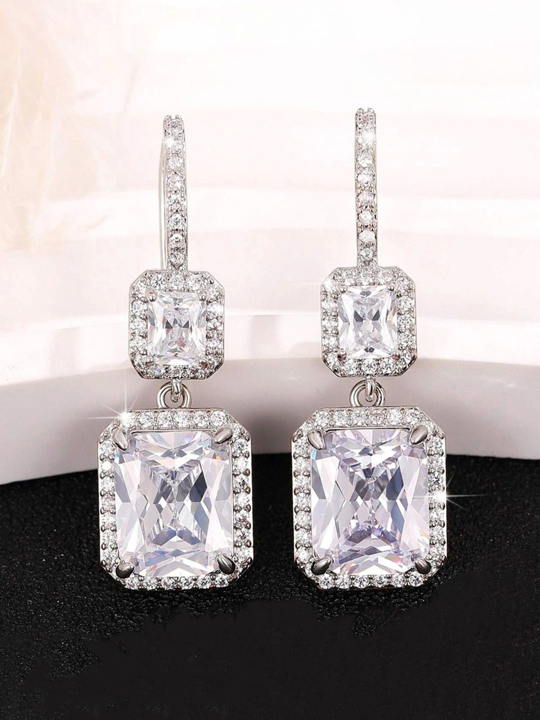 

Designs & You Silver-Plated Contemporary Crystals Oxidised Drop Earrings