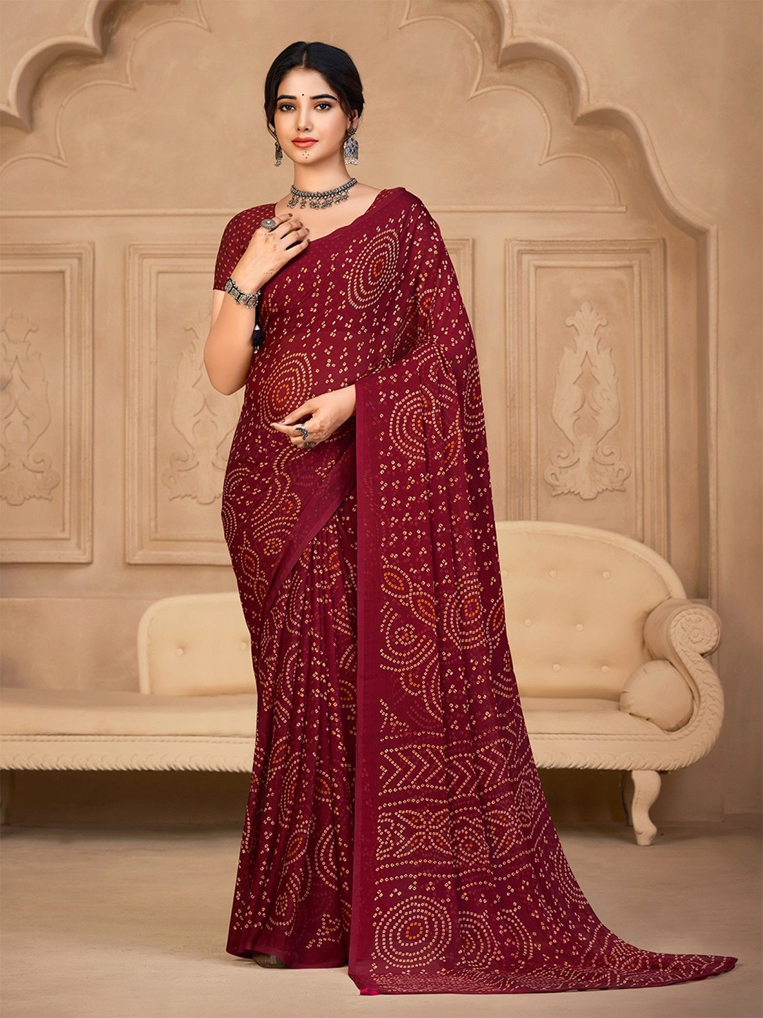 

Panzora Bandhani Poly Chiffon Saree, Maroon
