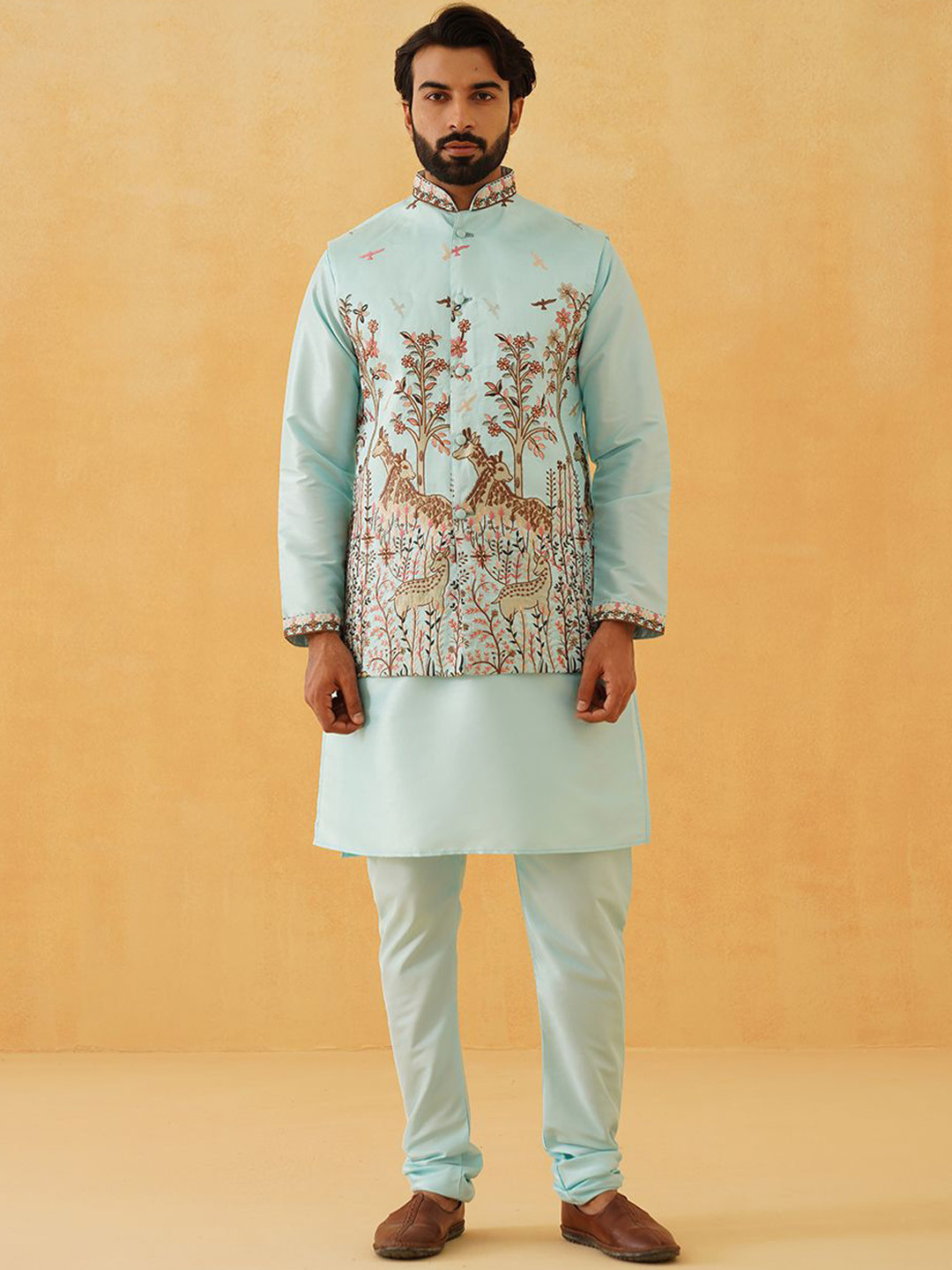 

SOJANYA LUXE Thread Work Silk Cotton Straight Kurta with Churidar & Nehru Jacket, Blue