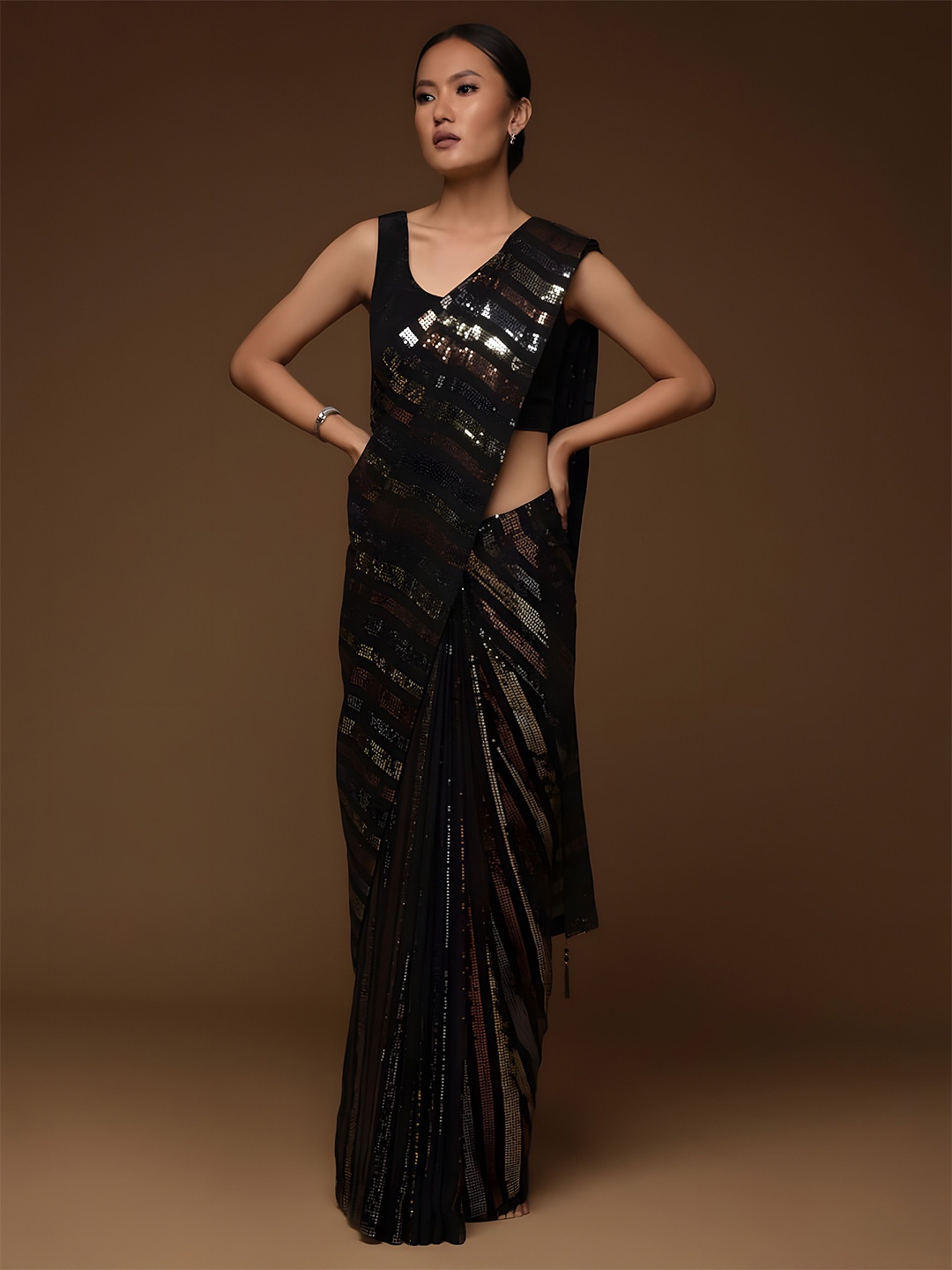 

Anouk Striped Sequinned Poly Georgette Saree, Black
