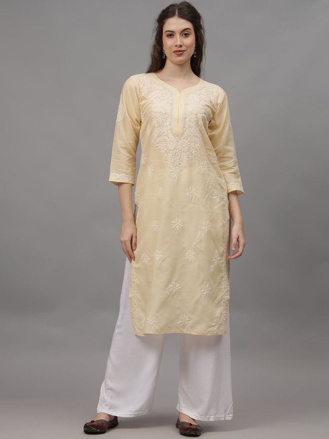 

Seva Chikan Floral Embroidered V-Neck Lucknowi Chikankari Cotton Straight Kurta, Beige