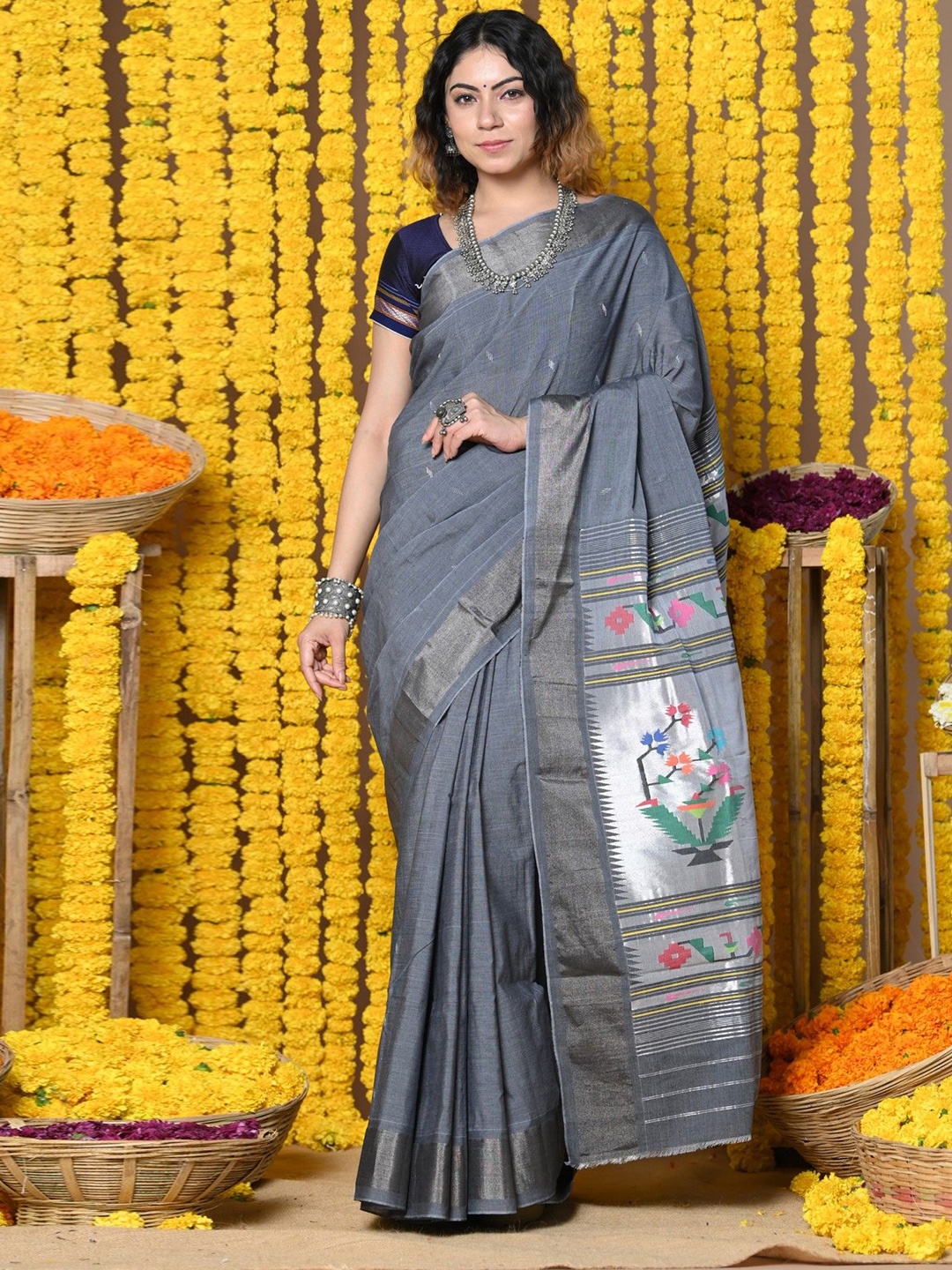 

Very Much Indian Ethnic Motifs Zari Pure Cotton Paithani Saree, Grey