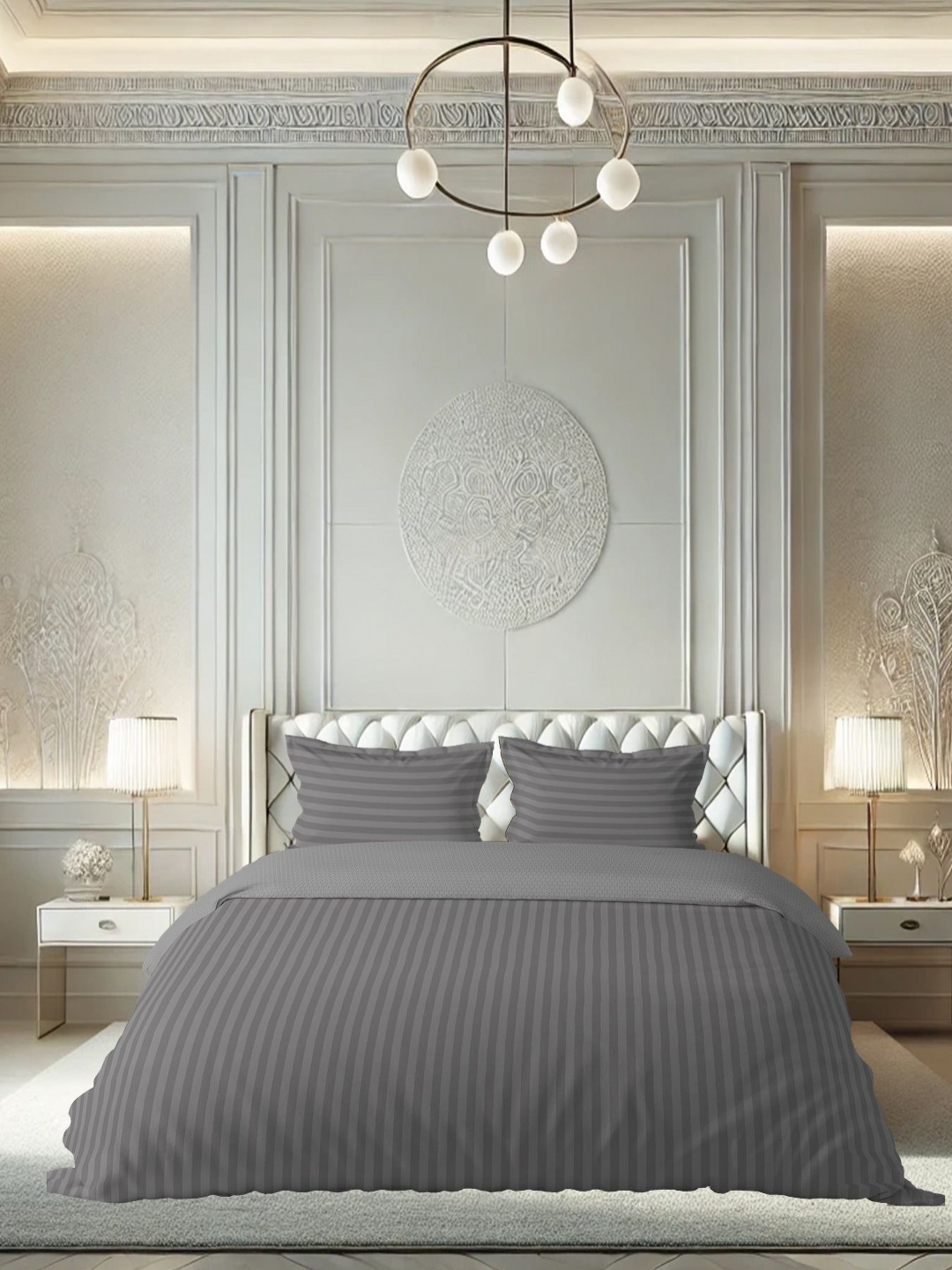 

borato Grey Striped 210 TC King Bedsheet with 2 Pillow Covers