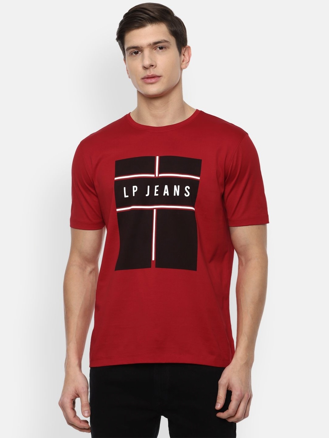 

Louis Philippe Jeans Men Typography Printed Pockets Slim Fit T-shirt, Red
