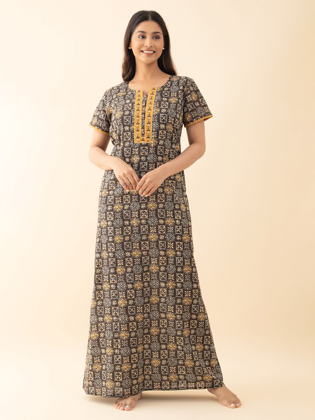 

Maybell Ethnic Pure Cotton Motifs Printed Maxi Nightdress, Brown