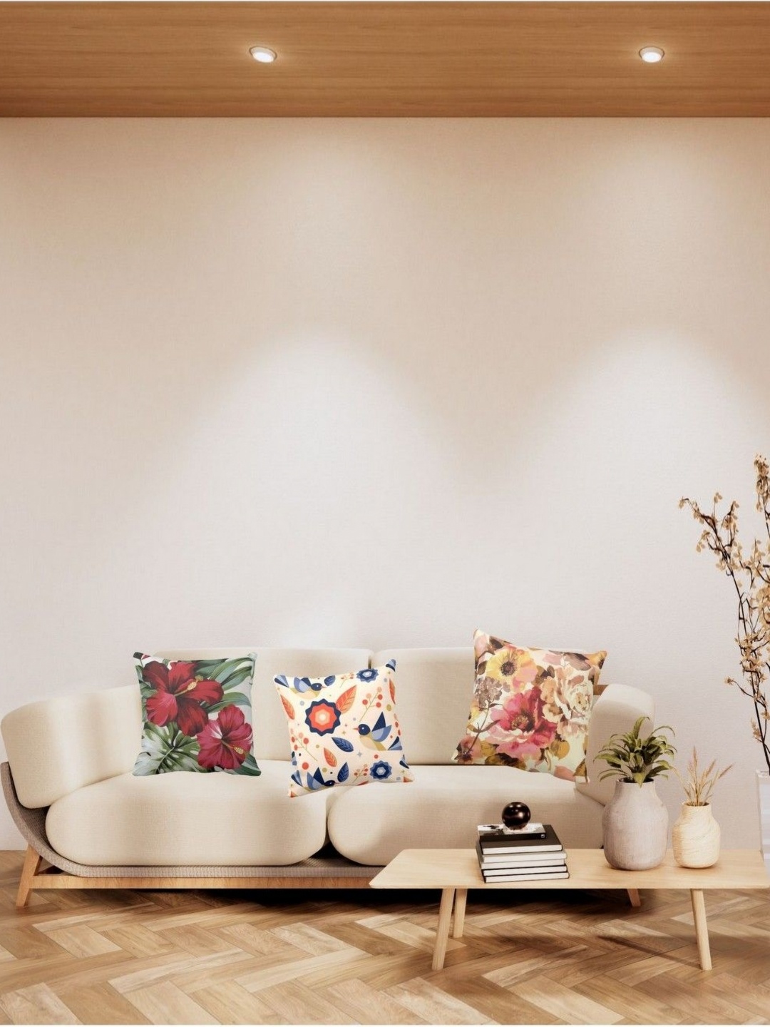 

THEYAYACAFE Beige & Red 3 Pieces Floral Printed Velvet Square Cushion Covers