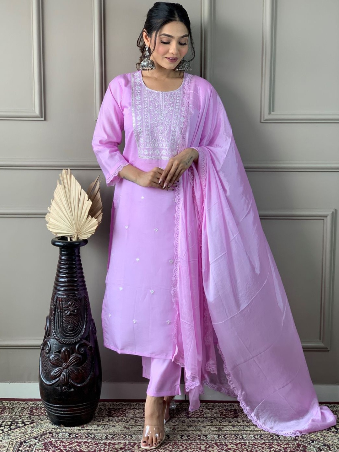 

KALINI Floral Embroidered Chanderi Silk Straight Kurta With Trousers & Dupatta, Mauve