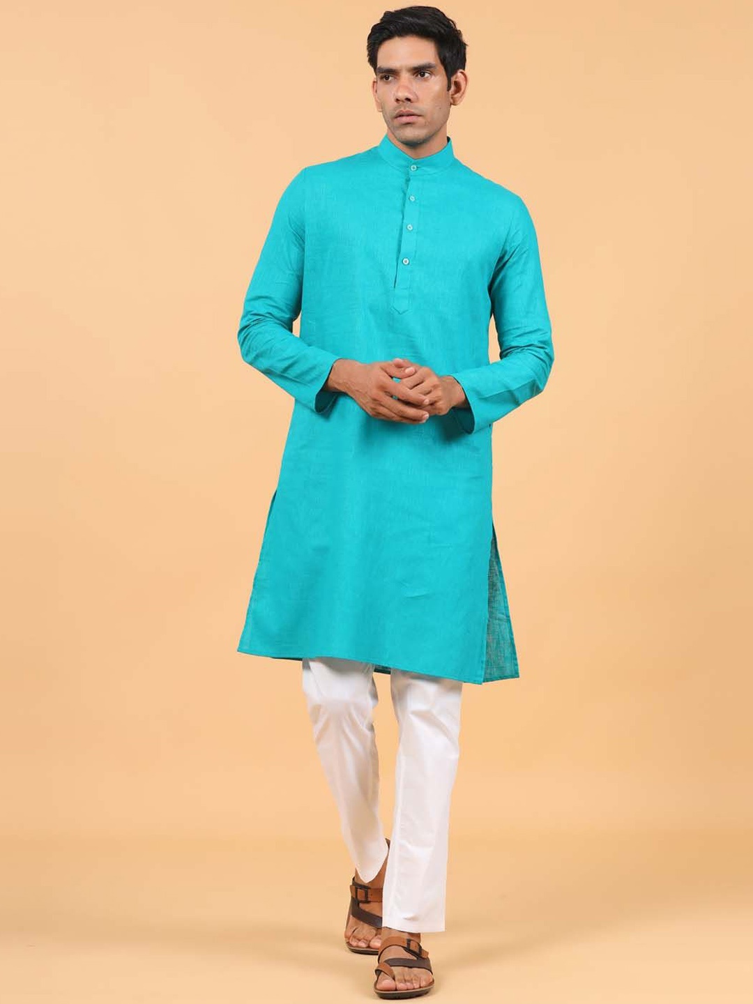 

Tistabene Mandarin Collar Linen Straight Kurta, Blue