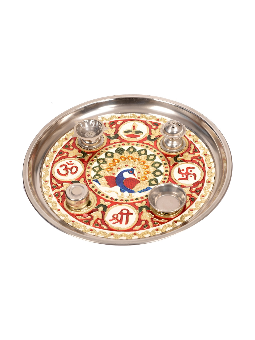 

BAISA Steel and Red Printed Rajasthan Pooja Talli Set