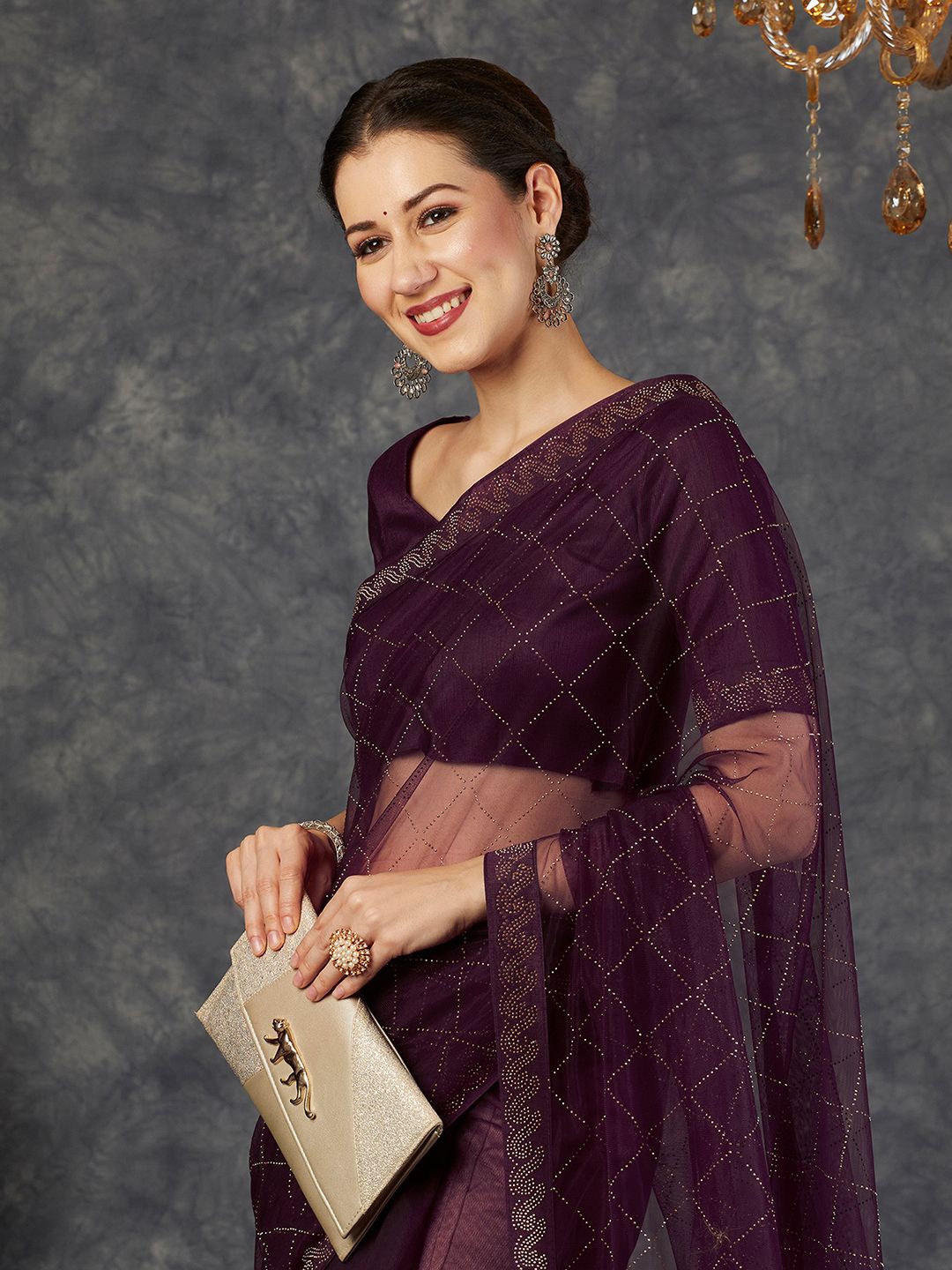

Satrani Embellished Beads and Stones Net Saree, Purple