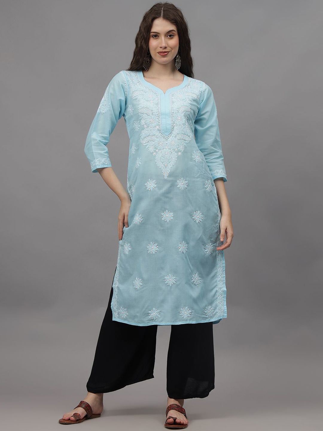 

Seva Chikan Floral Embroidered V-Neck Lucknowi Chikankari Cotton Straight Kurta, Mauve
