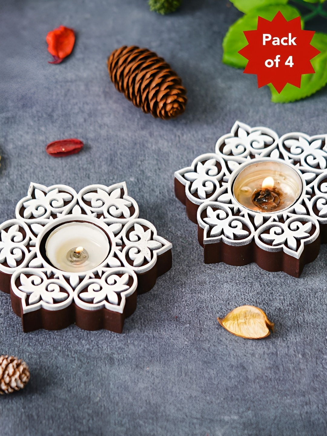 

eCraftIndia Brown & White 4 Pieces Textured Wooden Tea Light Candle Holders