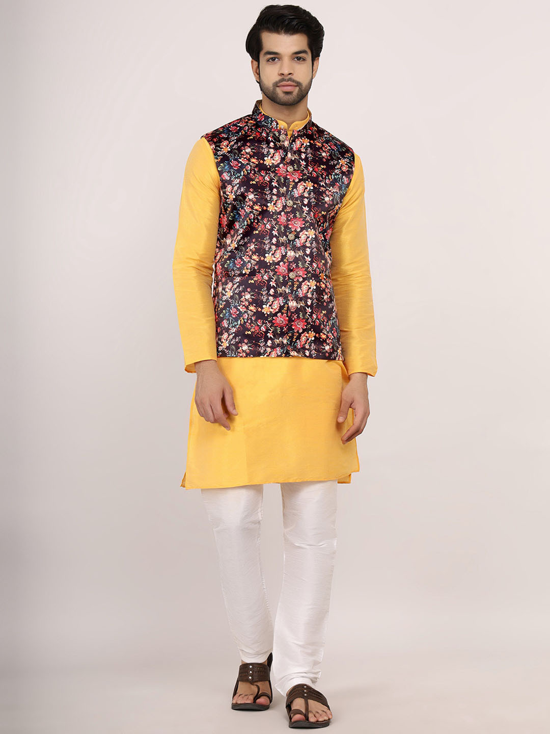 

Sadree Mandarin Collar Dupion Silk Straight Kurta With Churidar, Yellow