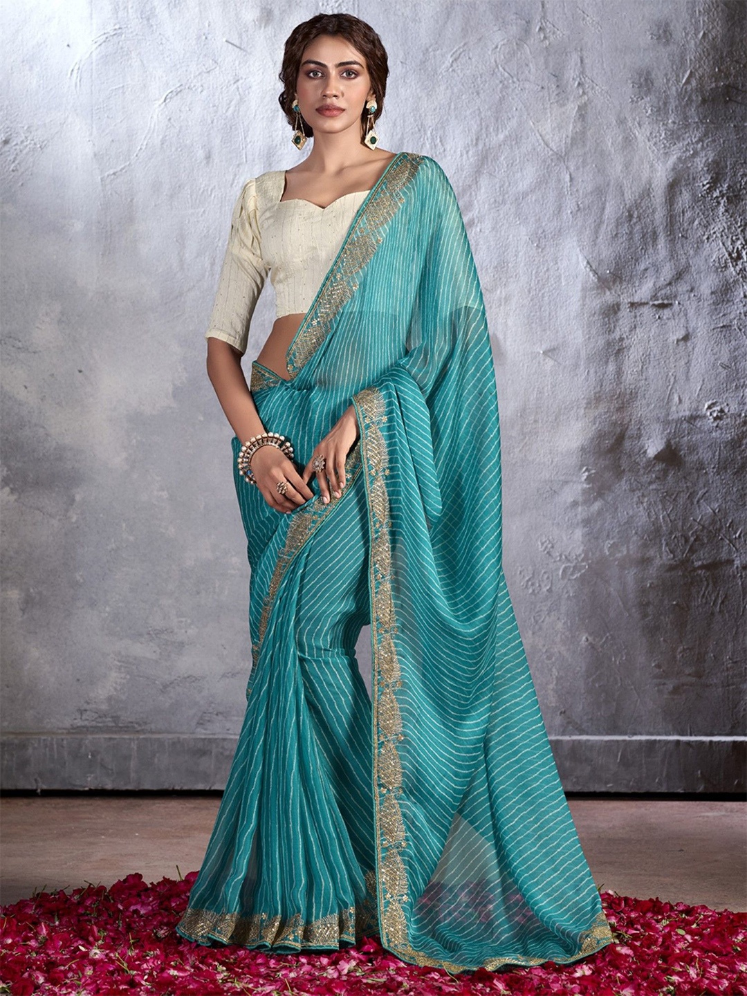 

KALINI Leheriya Sequinned Poly Chiffon Saree, Blue