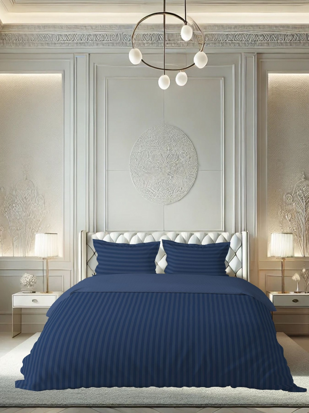 

borato Navy Blue Striped 210 TC King Bedsheet with 2 Pillow Covers