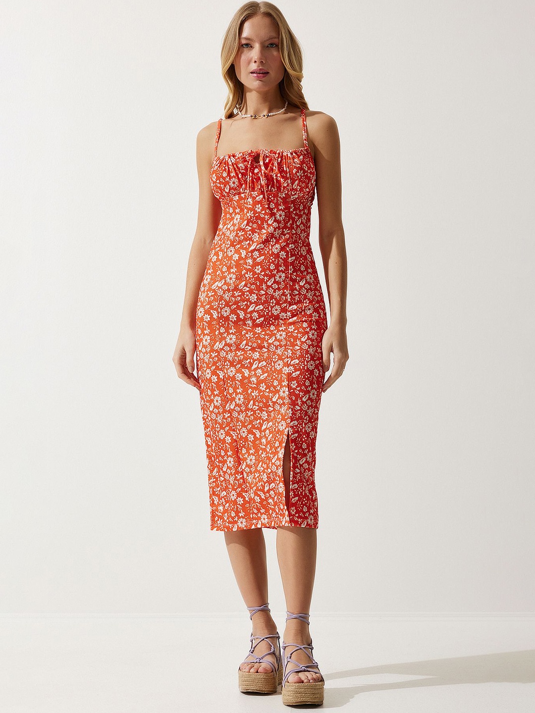 

Happiness istanbul Floral Printed Sheath Midi Dress, Orange