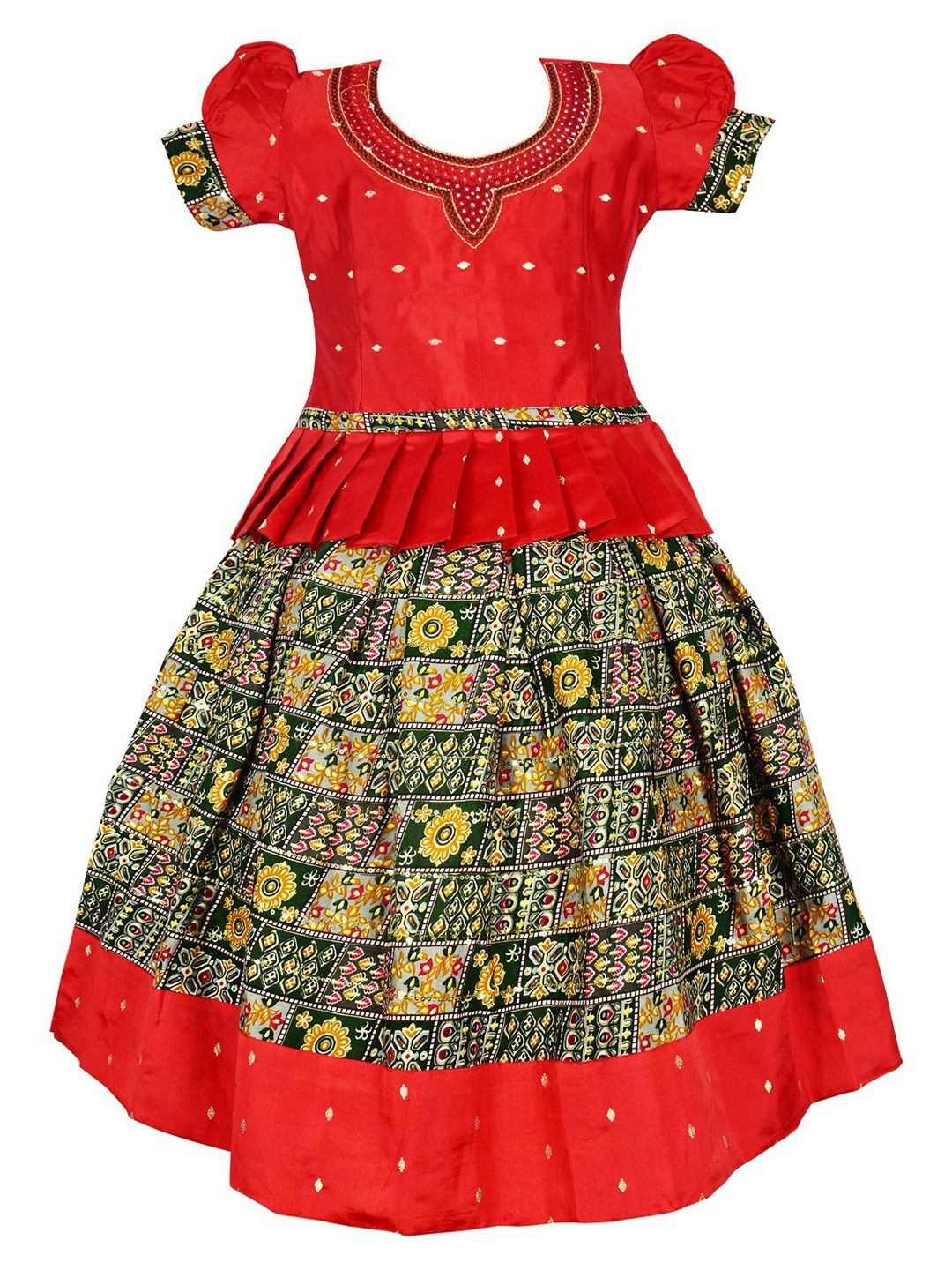 

AMIRTHA FASHION Girls Embroidered Sequinned Foil Print Ready to Wear Lehenga & Blouse, Red
