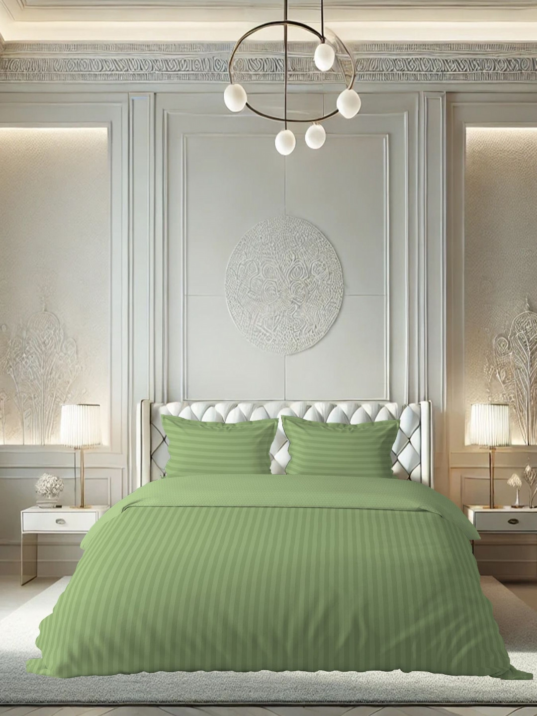 

borato Green Striped 210 TC King Bedsheet with 2 Pillow Covers