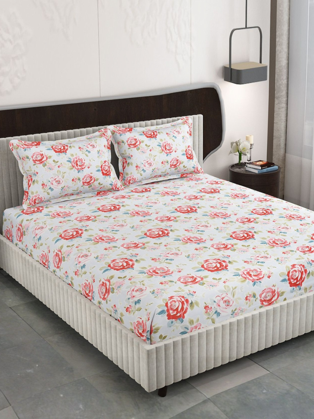 

FINE TEX WORLD White & Pink Floral 210TC Microfiber Fitted King Bedsheet & 2 Pillow Covers