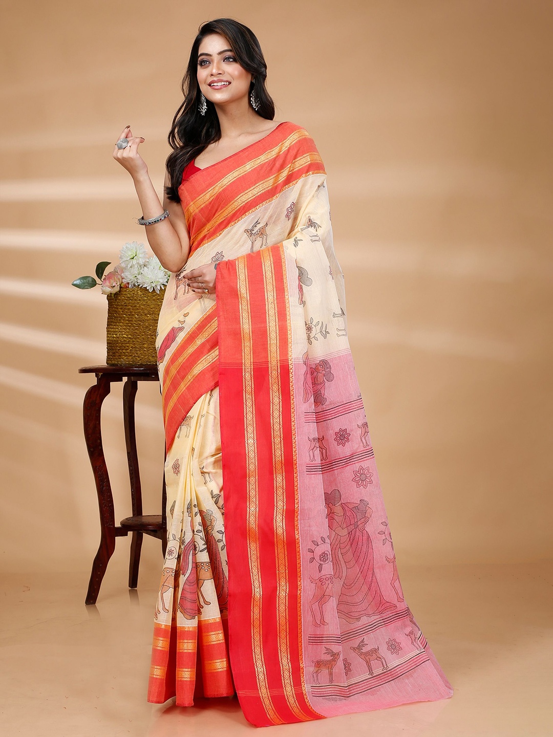 

PuJoy Woven Design Pure Cotton Taant Saree, Red