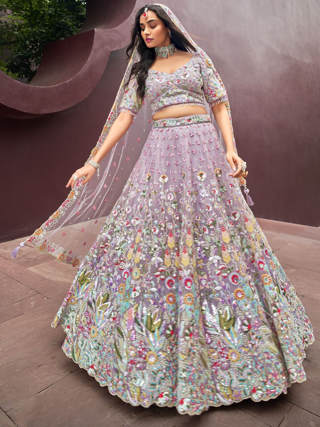 

panchhi Embroidered Sequinned Net Semi-Stitched Lehenga & Unstitched Blouse With Dupatta, Mauve