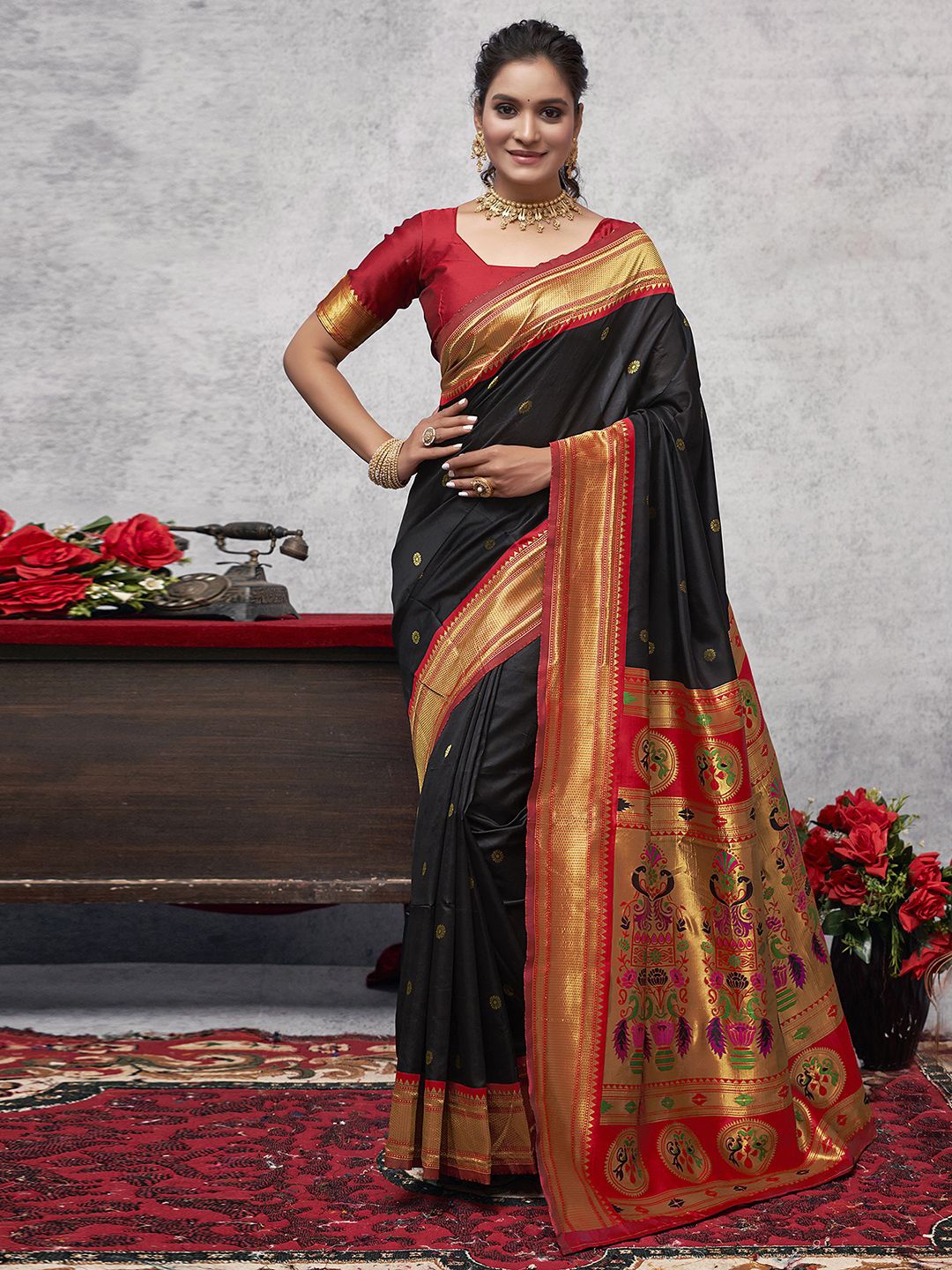 

Mitera Woven Design Zari Pure Silk Paithani Saree, Red