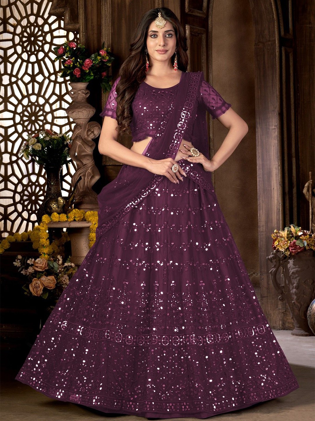 

VARNI FABRICS Embroidered Sequinned Semi-Stitched Lehenga & Unstitched Blouse With Dupatta, Purple