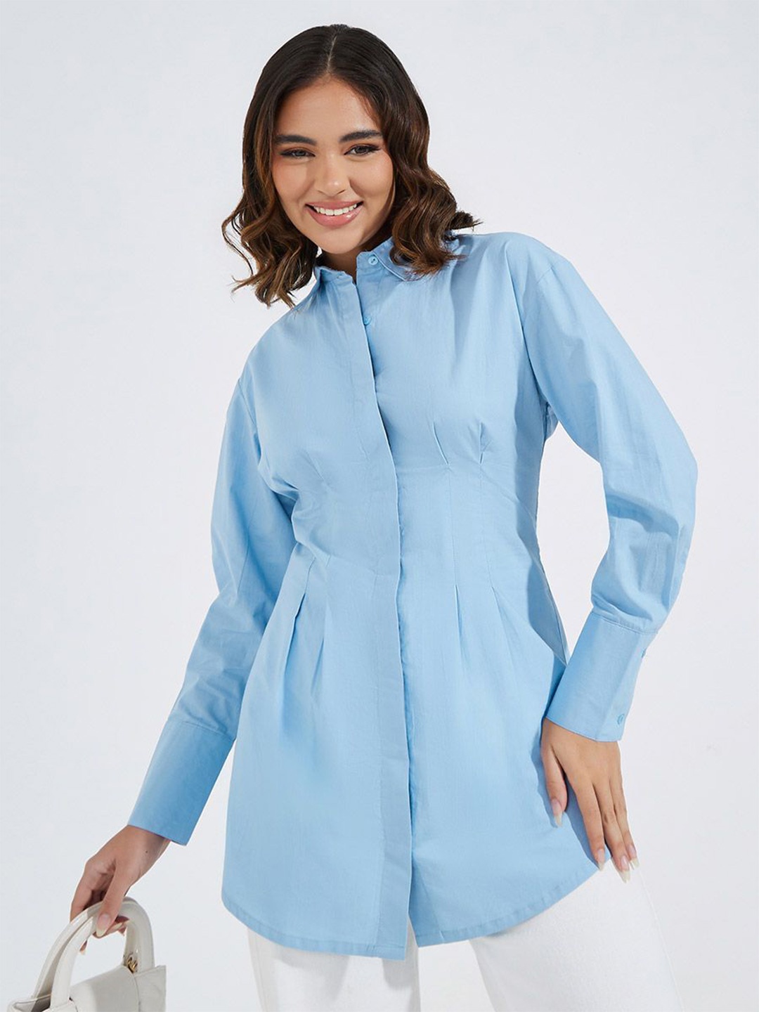 

Women Solid Oversized Longline Shirt With Pleat at Waist, Blue