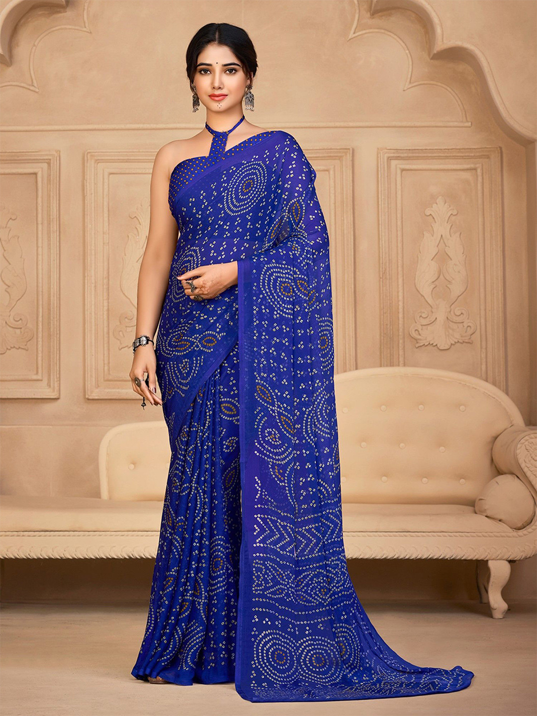 

Panzora Bandhani Poly Chiffon Saree, Blue