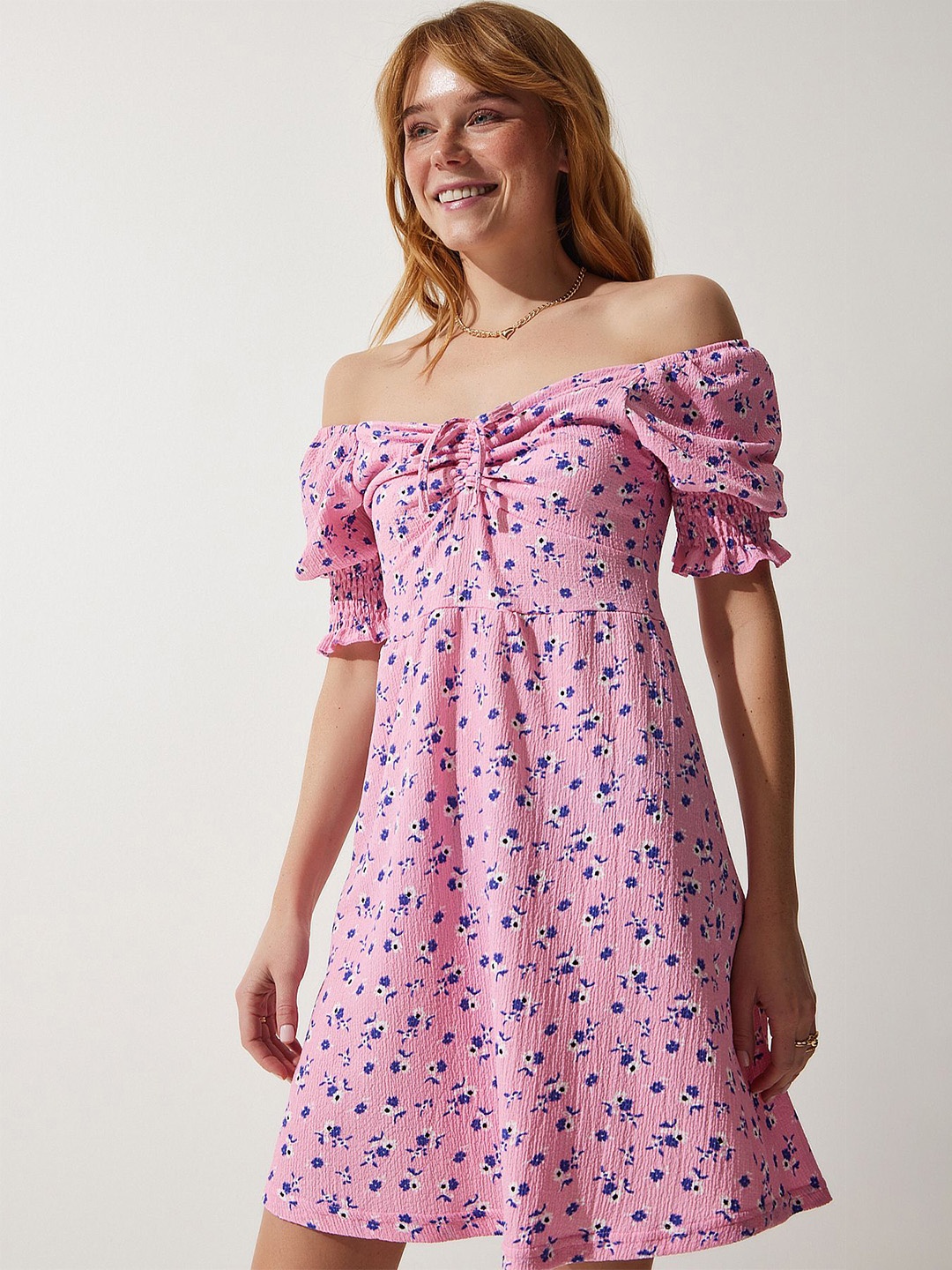 

Happiness istanbul Floral Printed Off-Shoulder A-Line Mini Dress, Purple
