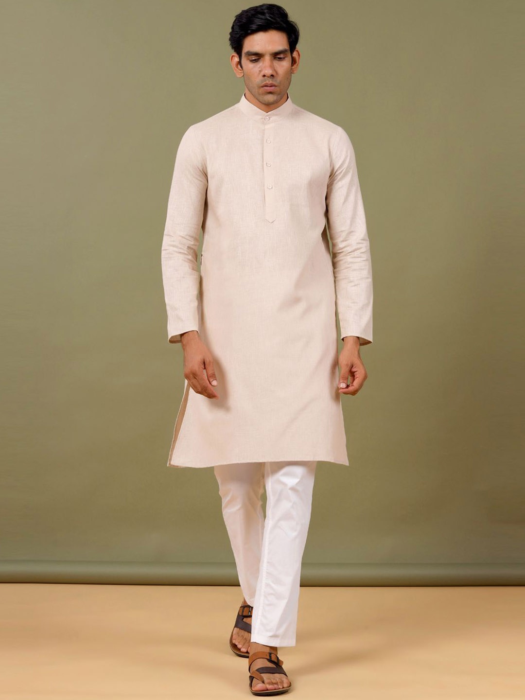 

Tistabene Mandarin Collar Long Sleeves Linen Straight Kurta, Beige