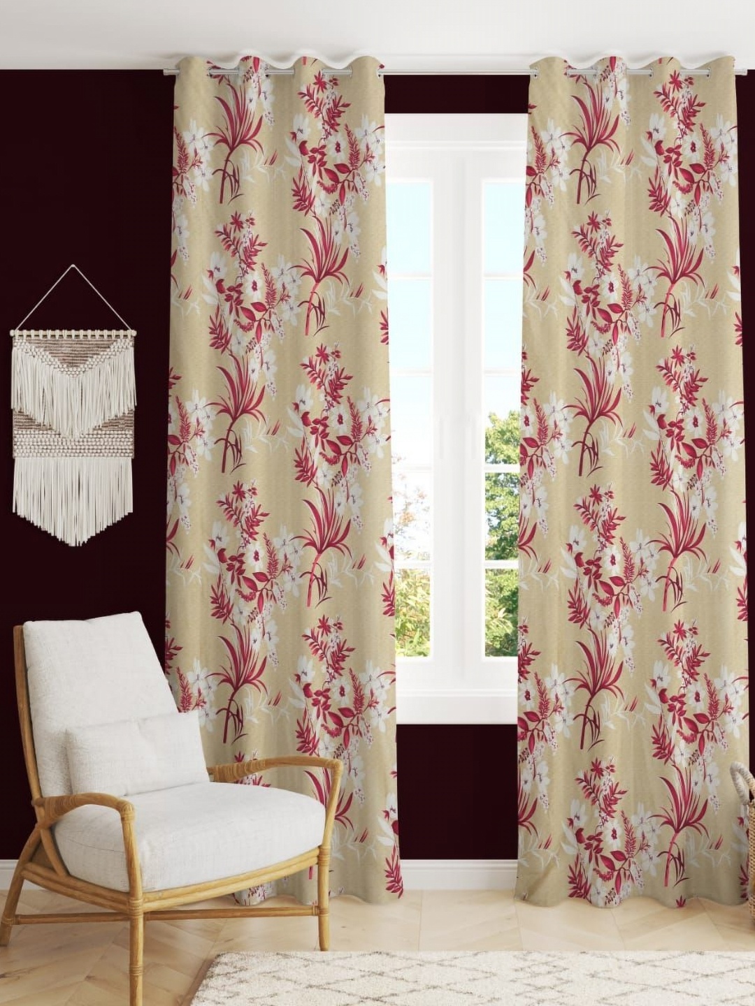 

RIDHAAN Red & Beige 2 Pieces Floral Room Darkening Long Door Curtain