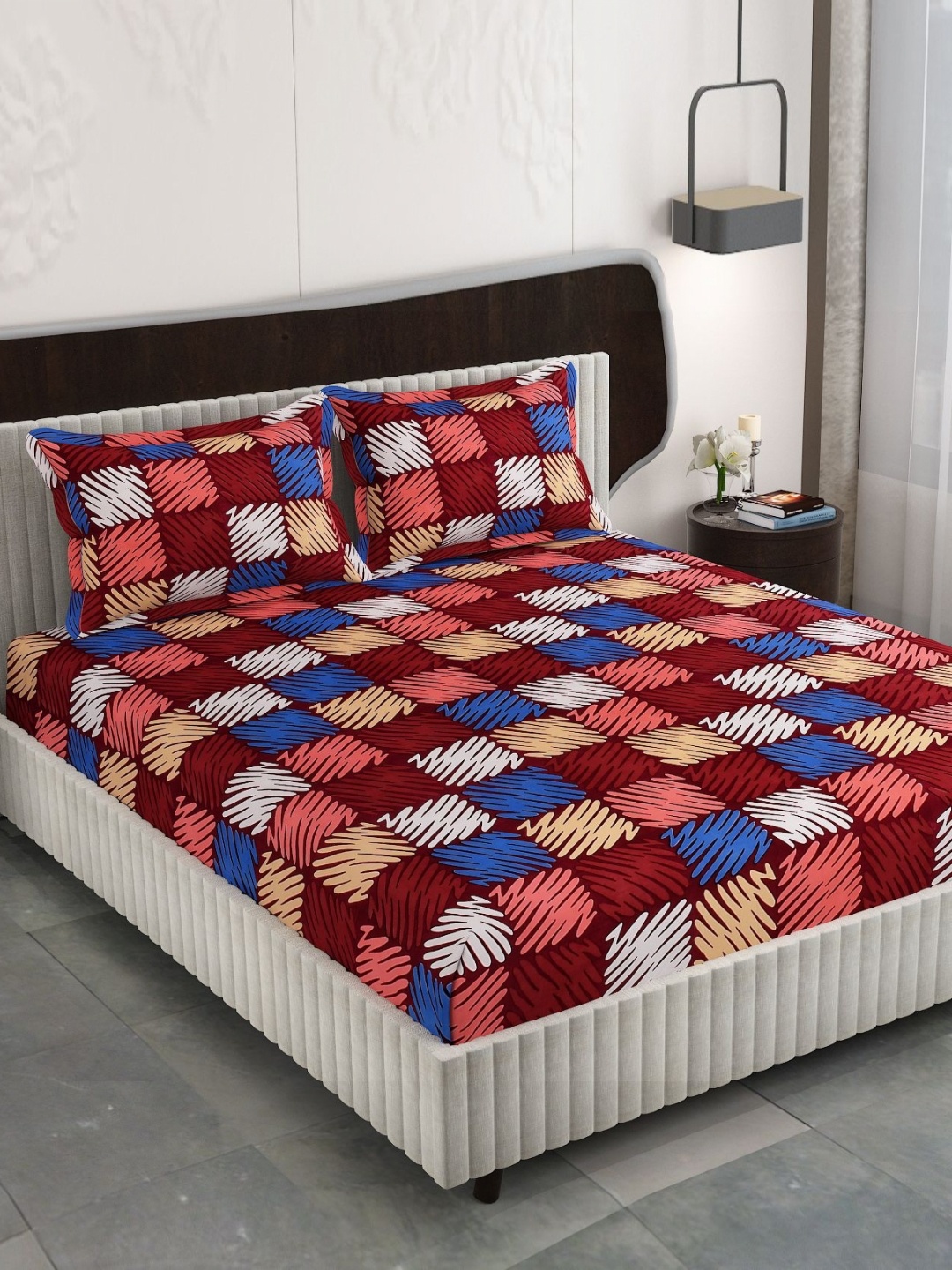 

FINE TEX WORLD Maroon Printed 210TC Microfiber King Fitted Bedsheet & 2 Pillow Cover