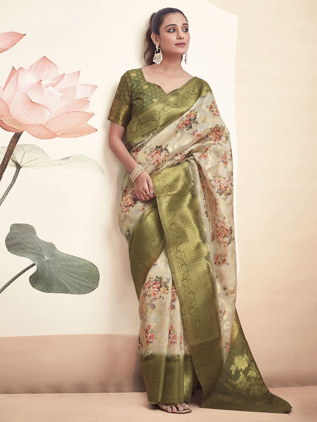 

Mitera Ethnic Motifs Zari Pure Cotton Designer Banarasi Saree, Green