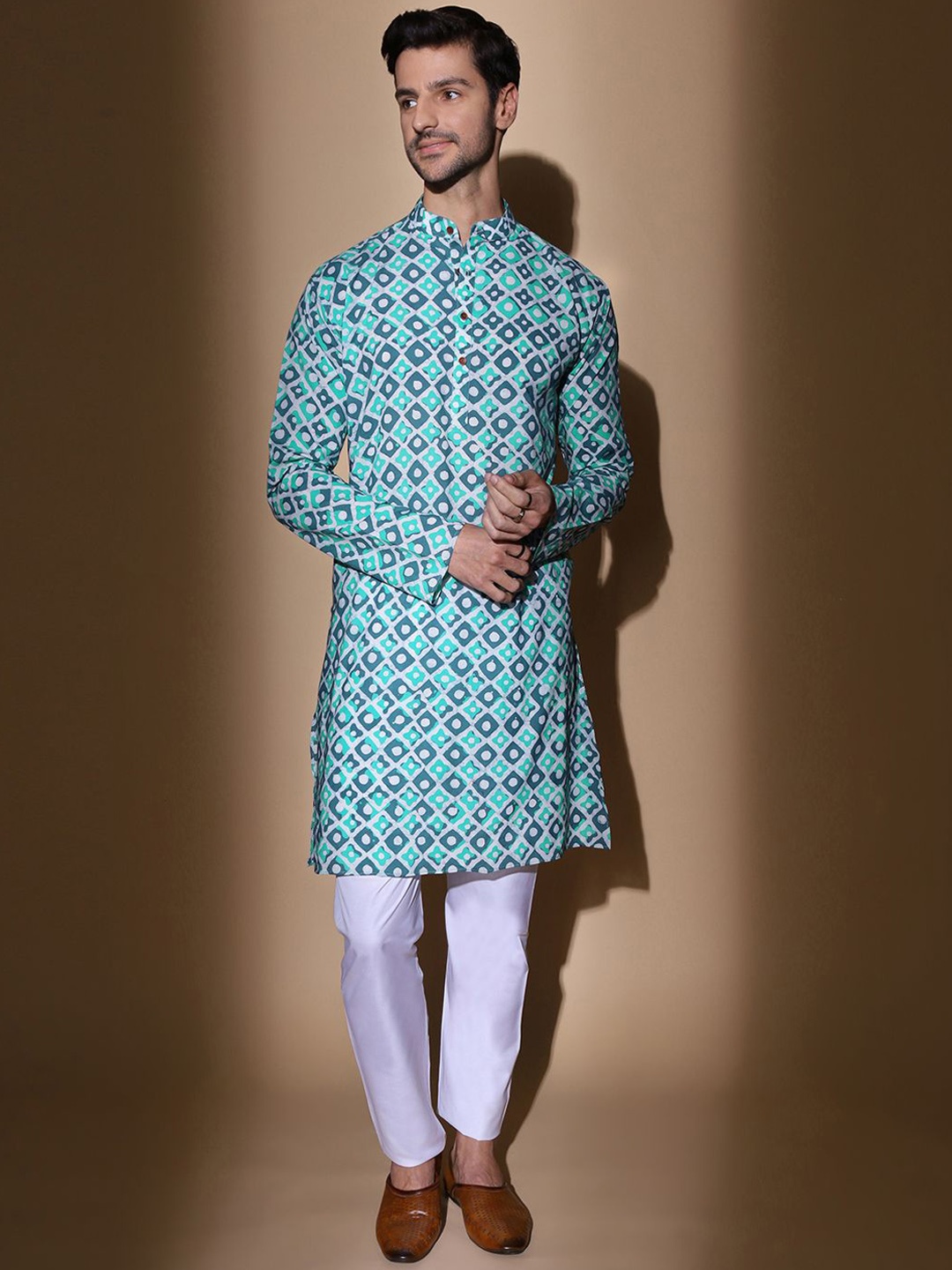 

MOSHI Geometric Printed Band Collar Pure Cotton Straight Kurta, Blue