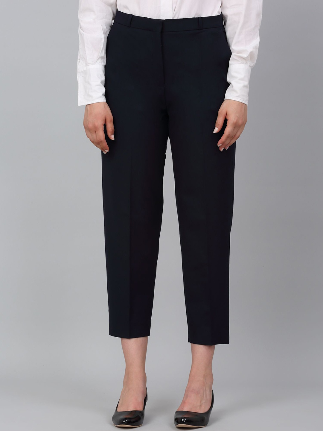 

Cantabil Women Solid High-Rise Trousers, Navy blue