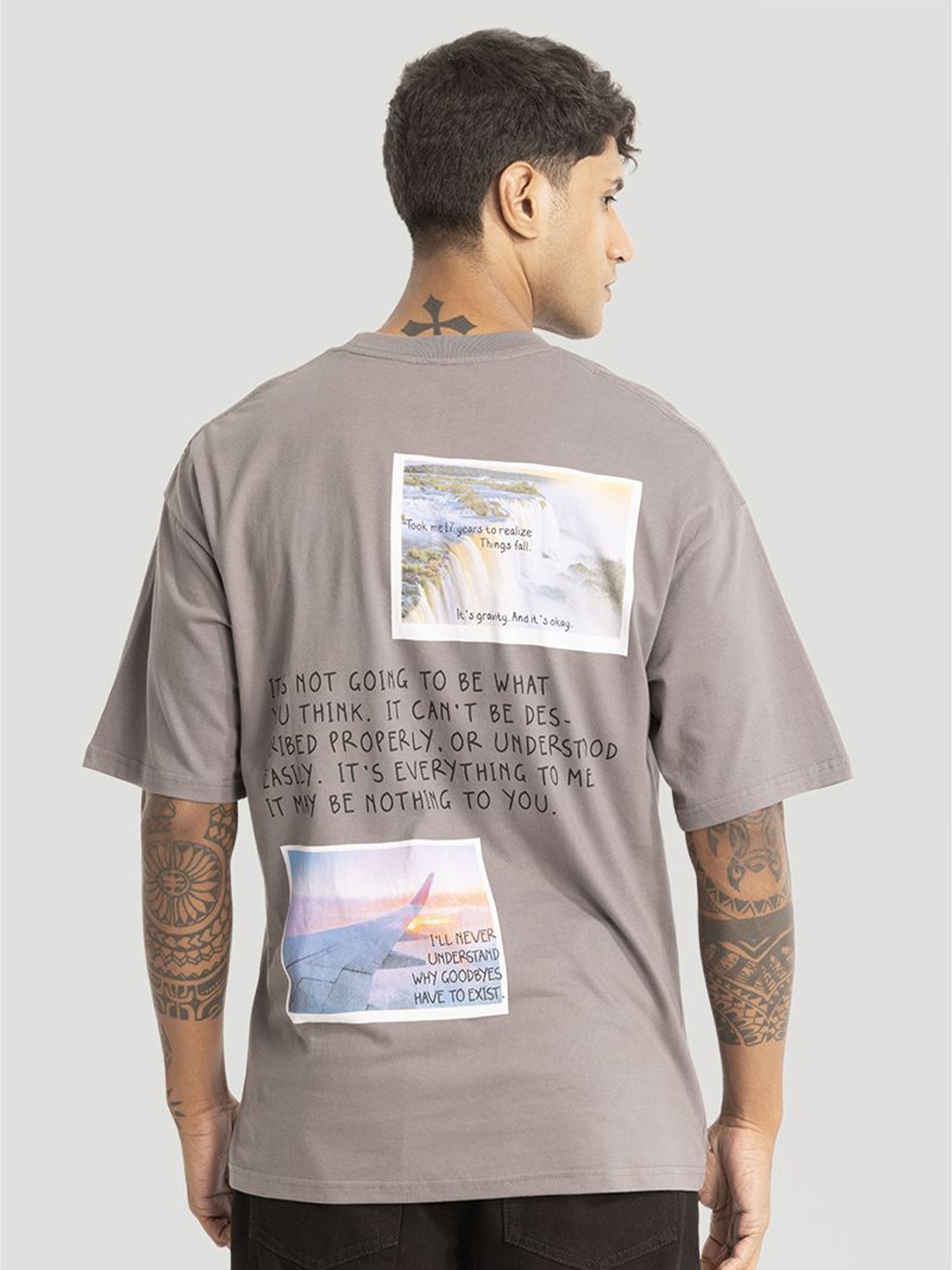 

Snitch Men Printed Drop-Shoulder Sleeves T-shirt, Grey
