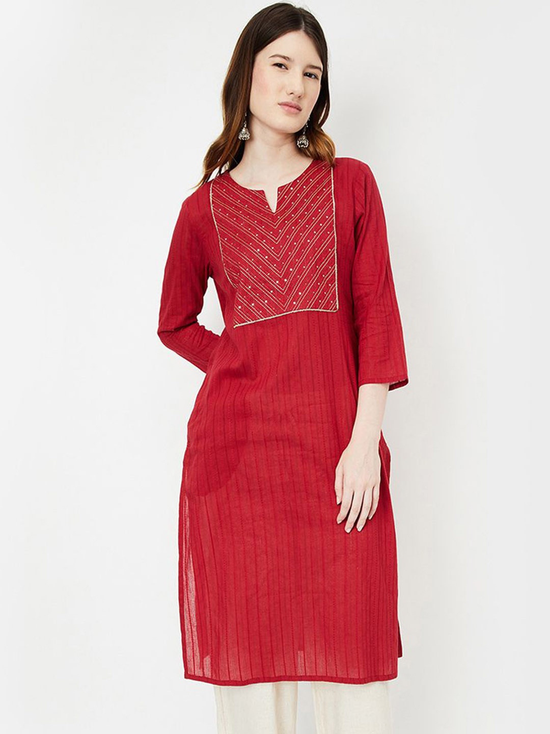 

max Striped Sequins Cotton Straight Kurta, Red