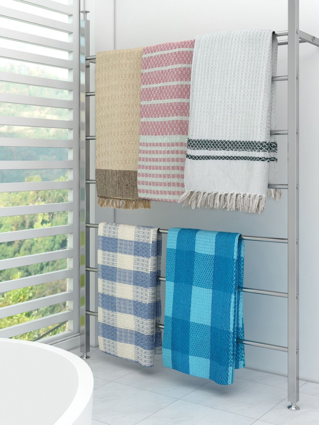 

Aura White & Blue 5 Pieces Checked Cotton 210 GSM Bath Towel