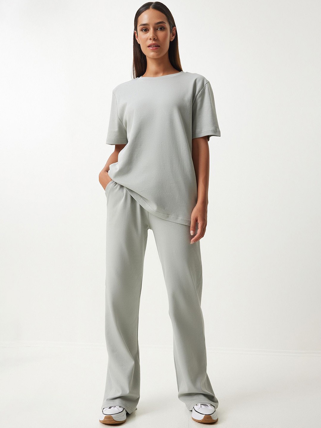 

Happiness istanbul Pure Cotton Tshirt With Trousers Co-Ords Set, Grey
