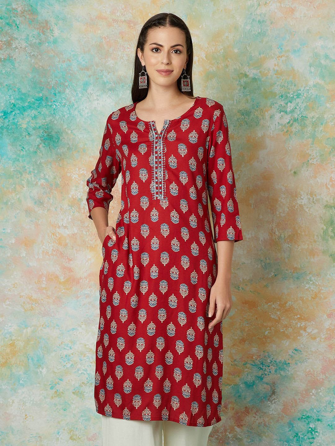 

Melange by Lifestyle Ethnic Motifs Printed Mirror Work Straight Kurta, Red