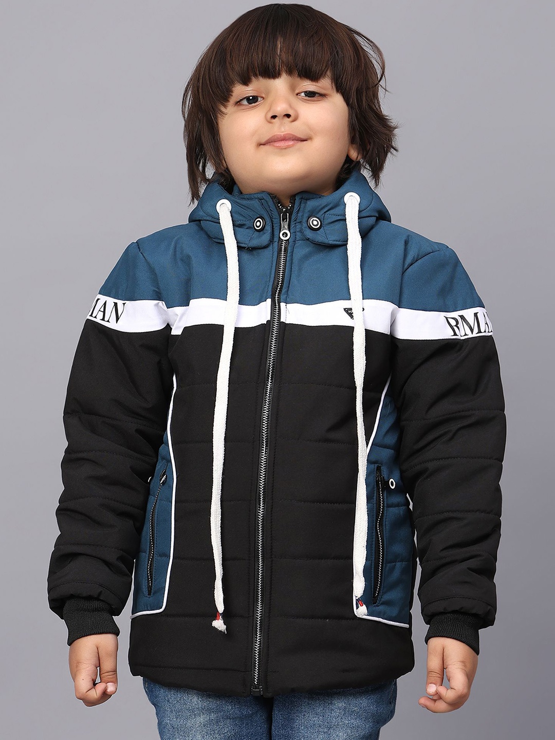 

SKY HEIGHTS Boys Colourblocked Polyester Padded Jacket with Patchwork, Black